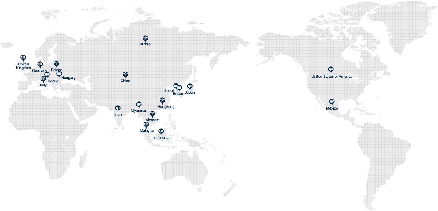 전세계 물류 지점 [서울, 부산, 일본, 홍콩, 베트남, 말레이시아, 인도네시아, 미얀마, 인도, 중국, 러시아, 미국, 멕시코, 헝가리, 폴란드, 크로아티아, 이탈리아, 독일, 영국]